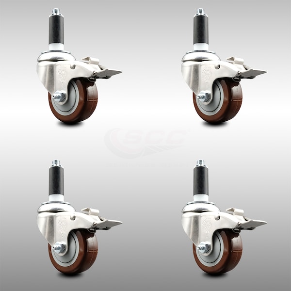 Service Caster 3.5 Inch 316SS Maroon Poly Swivel 1 Inch Stem Caster Set Lock Brake SCC SCC-SS316TTLEX20S3514-PPUB-MRN-1-4 - main